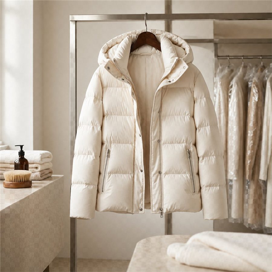 Unbranded ivory down jacket in a dry-cleaning atelier