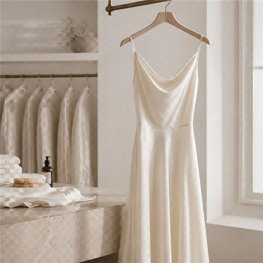 Unbranded silk dress in a dry-cleaning atelier