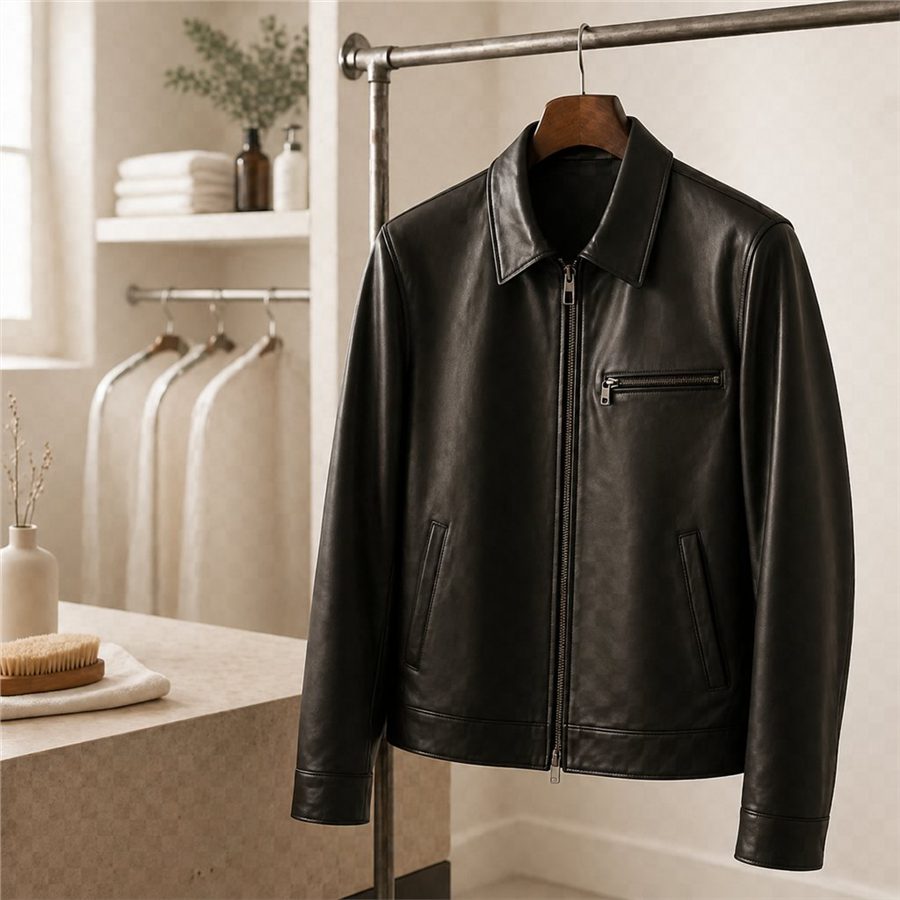 Unbranded black leather jacket in a dry-cleaning atelier