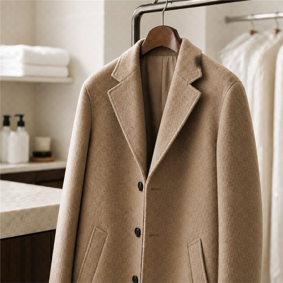 Unbranded camel wool coat in a dry-cleaning atelier